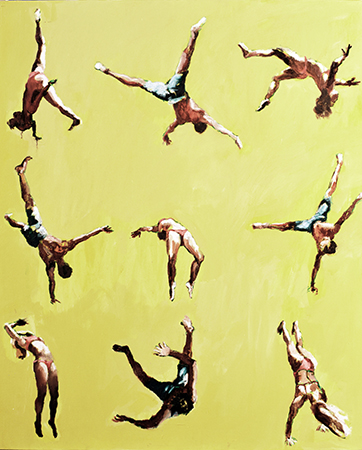 Two figures tumbling on a beach, arranged in geometric sequence